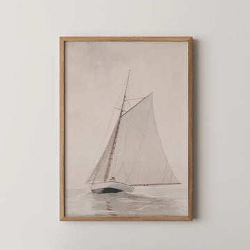 Sailing boat painting framed in wood on a neutral background.