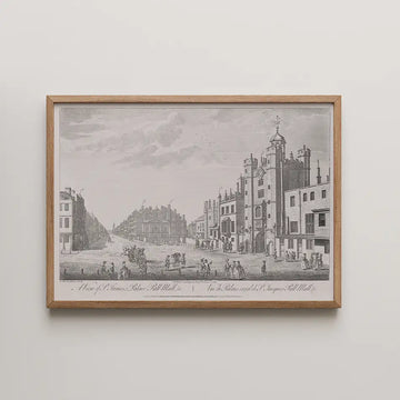 Historic engraving of St. James's Palace in London, framed in natural wood, featuring a street view with people and carriages.