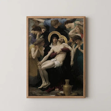 Framed painting depicting the mournful scene of the Virgin Mary holding the body of Christ, surrounded by grieving figures, with a classical style and rich colors.