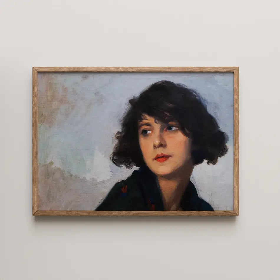 Portrait painting of a woman with curly hair, framed in wood, against a light background.