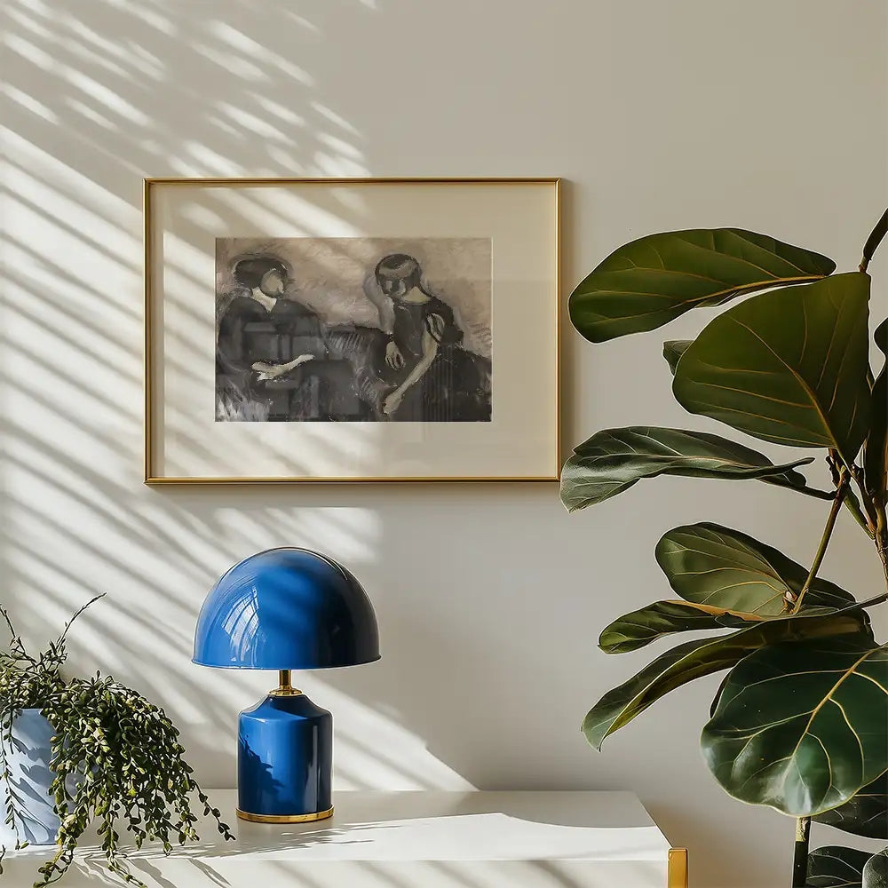 Framed painting featuring two figures in subdued tones, displayed on a wall with a modern blue lamp and potted plant in a stylish interior setting.