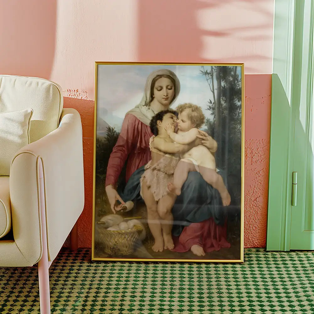 Painting of a mother embracing two children, featuring soft colors and intricate details, framed and displayed in a cozy interior setting.