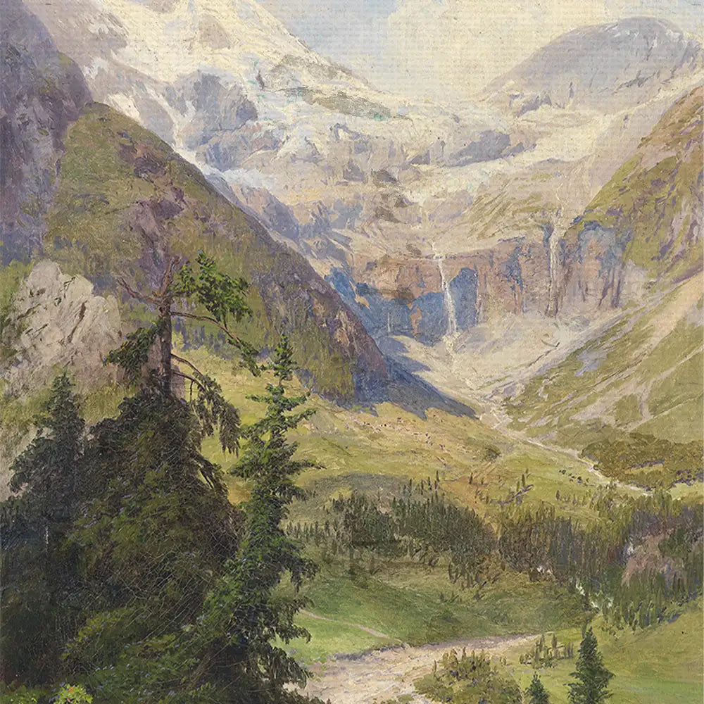 Landscape painting of a mountainous scene with waterfalls, lush green meadows, and evergreen trees under a cloudy sky.