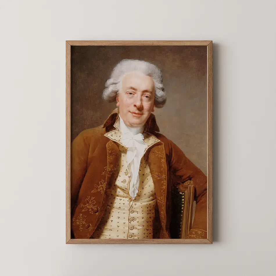Portrait of a gentleman in an elegant brown coat with a white cravat, framed in a wooden frame, ideal for art enthusiasts and home decor.
