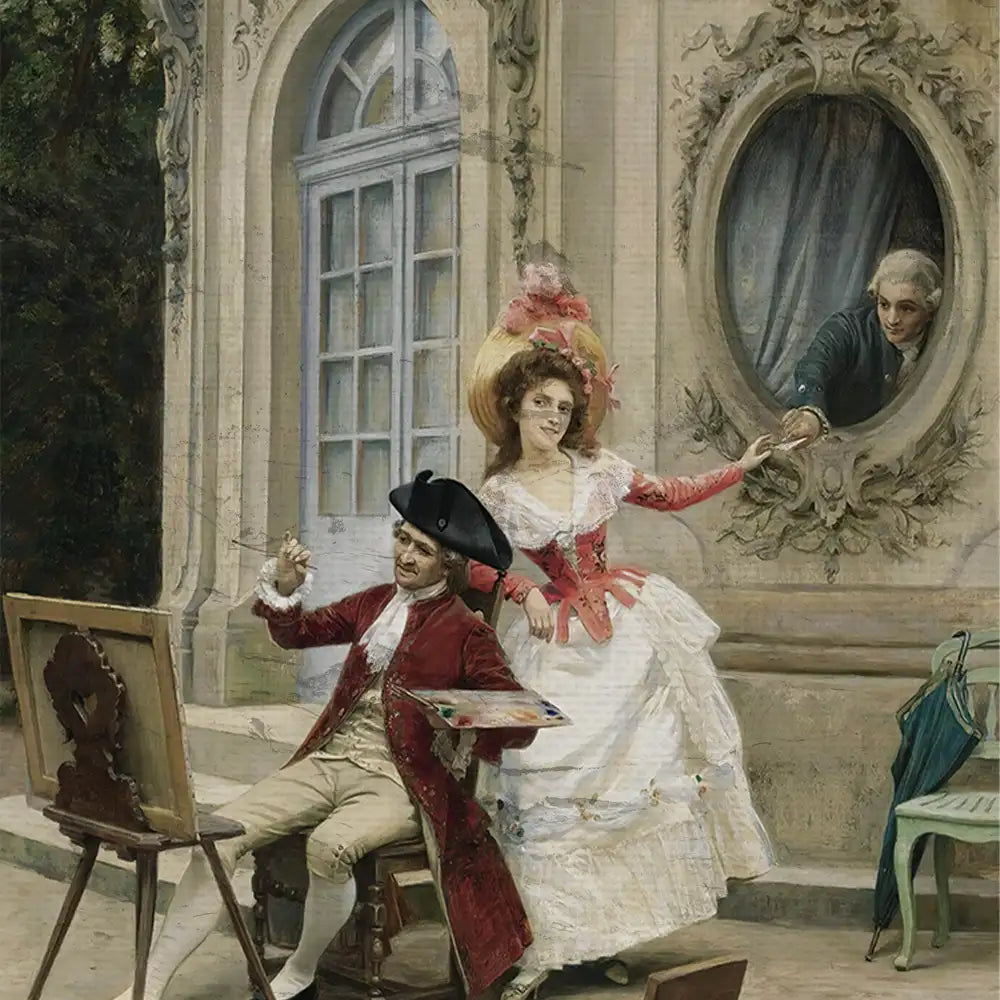 Painting of a male artist in period attire seated with a palette, a woman in a historical dress beside him, and a figure visible in a window, surrounded by ornate architecture.