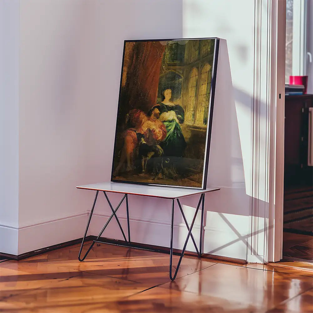 Painting of two women in a domestic setting, displayed on a modern table in a well-lit room.