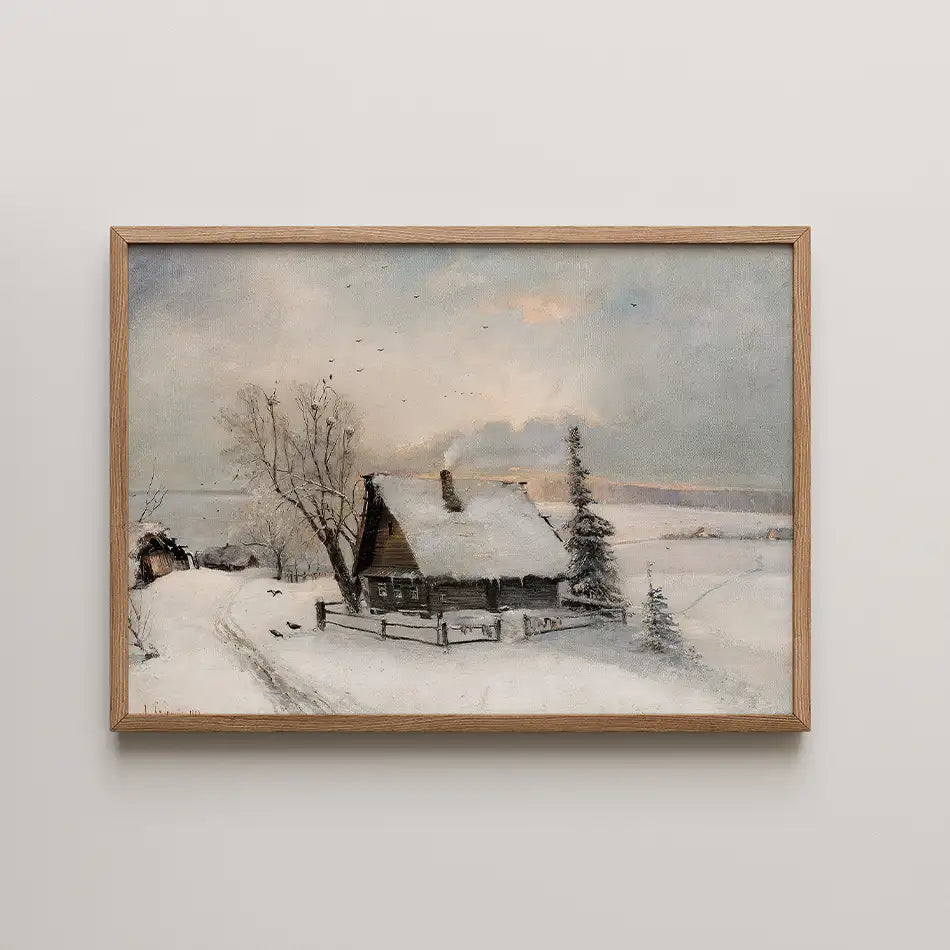 Framed painting of a winter cottage scene with a snowy landscape and trees.
