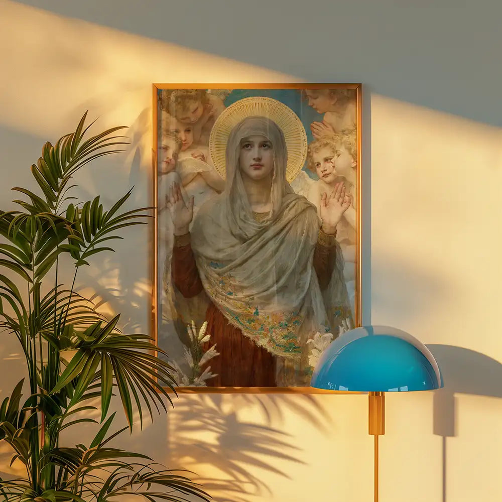 A vintage-style painting of a woman surrounded by angelic figures, framed and displayed in a modern interior with a plant and a blue lamp.