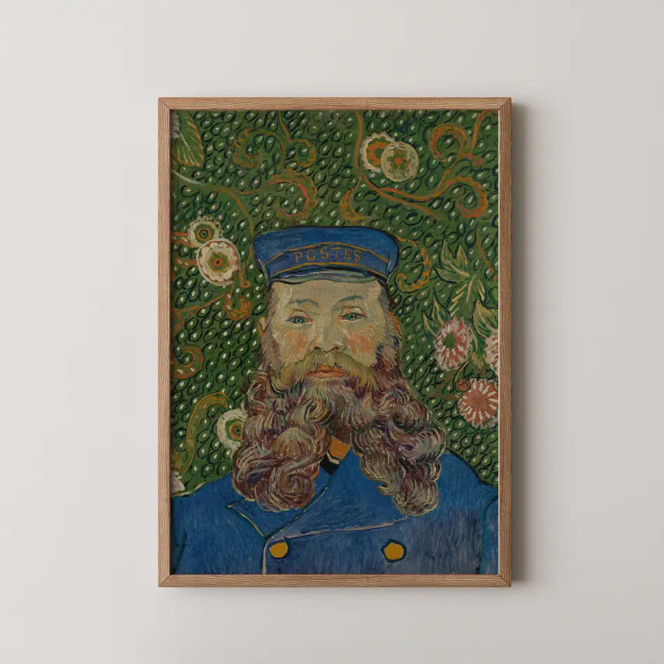 Framed painting of a bearded man in a blue postal uniform with a patterned green background featuring flowers.