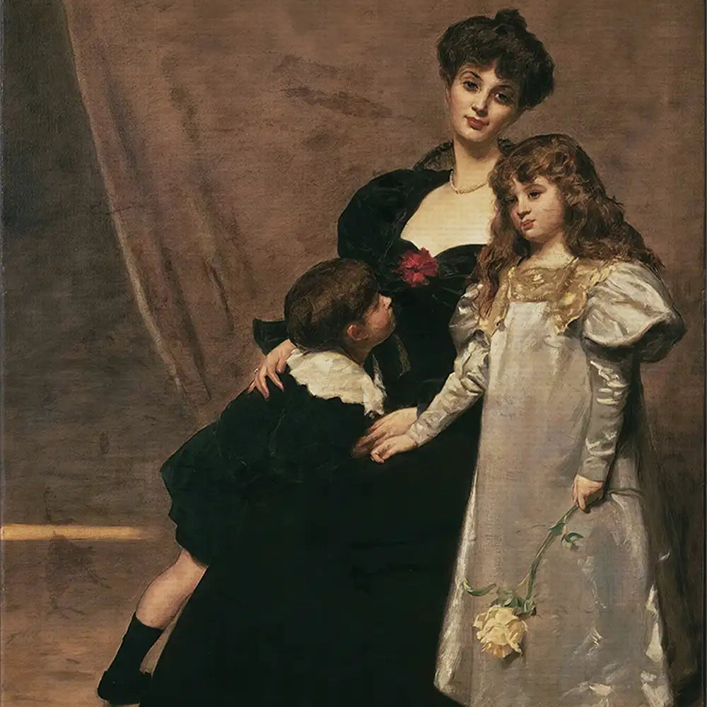 A classic portrait of a woman in a black dress with a red flower, accompanied by two children, one boy in a dark outfit and one girl in a light dress holding a flower, set against a warm, neutral background.