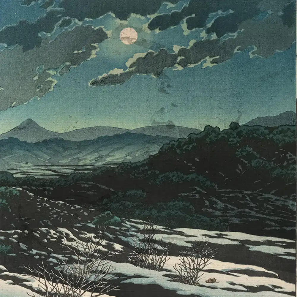 Night landscape painting featuring a full moon illuminating mountains and a valley with sparse vegetation.