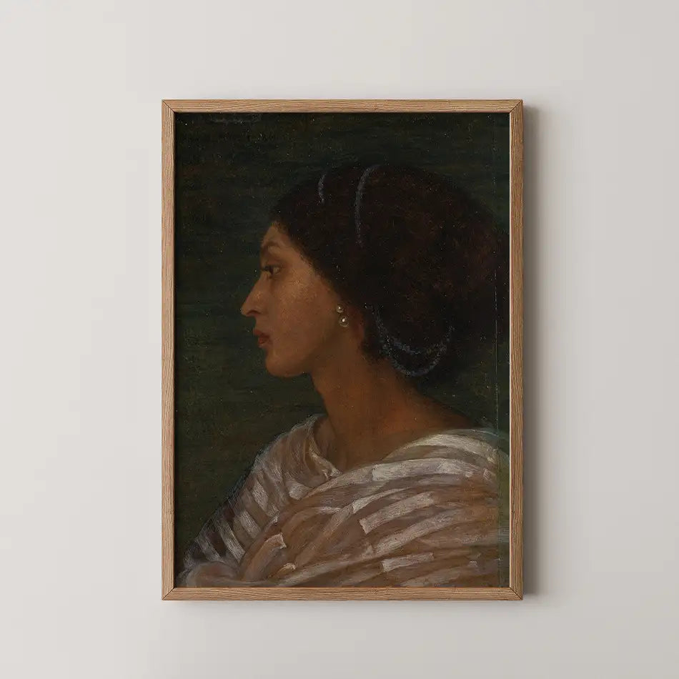 Profile portrait painting of a woman with dark hair wearing a white shawl, framed in a wooden frame.