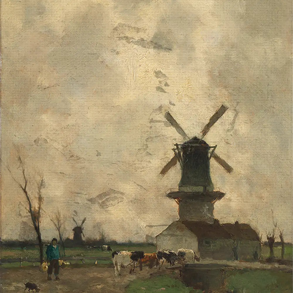 Painting of a rural landscape featuring a windmill, a farmhouse, a farmer with a bucket, and grazing cows under a cloudy sky.