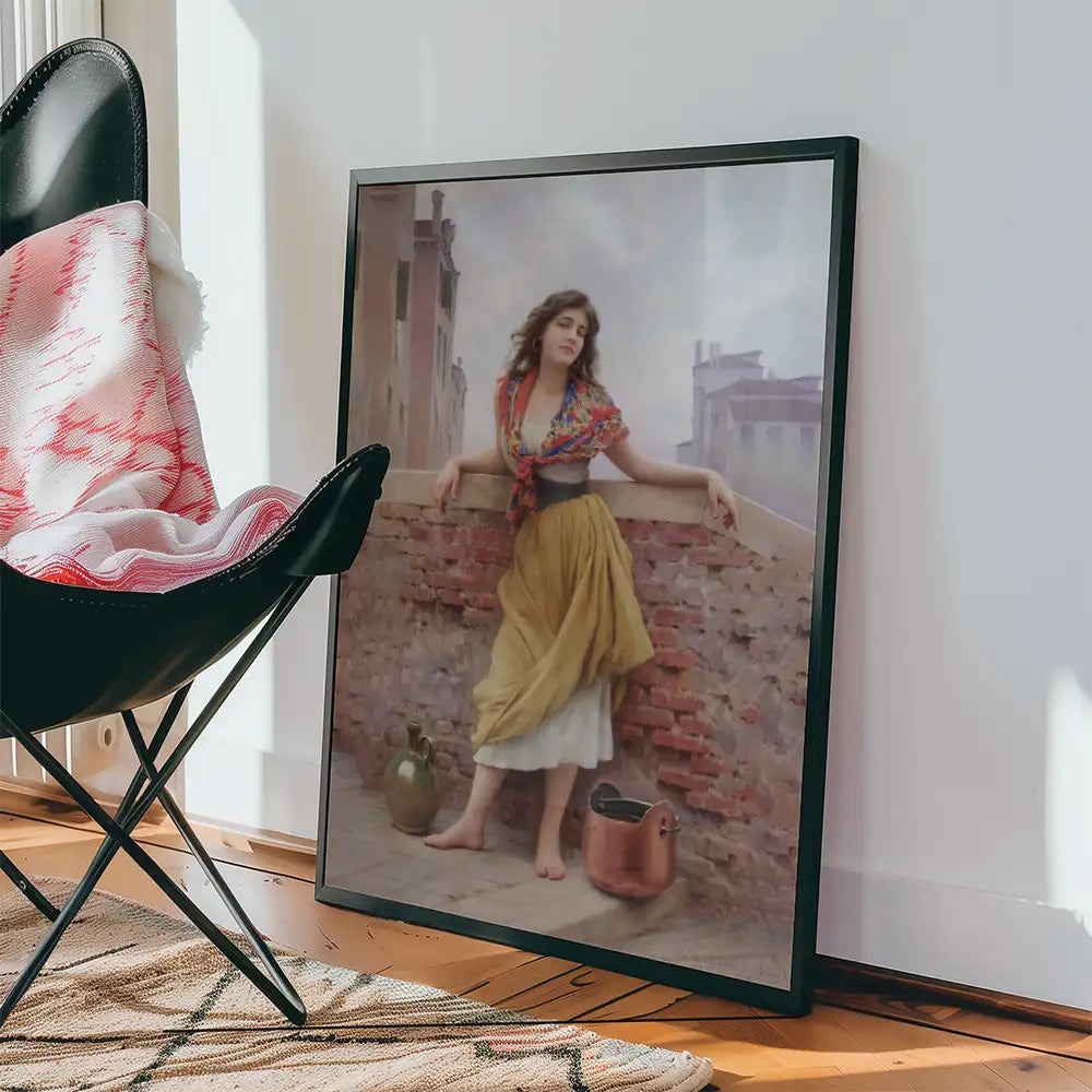 Framed painting of a woman in period costume standing against a brick wall, with a black chair and woven rug in a bright interior setting.