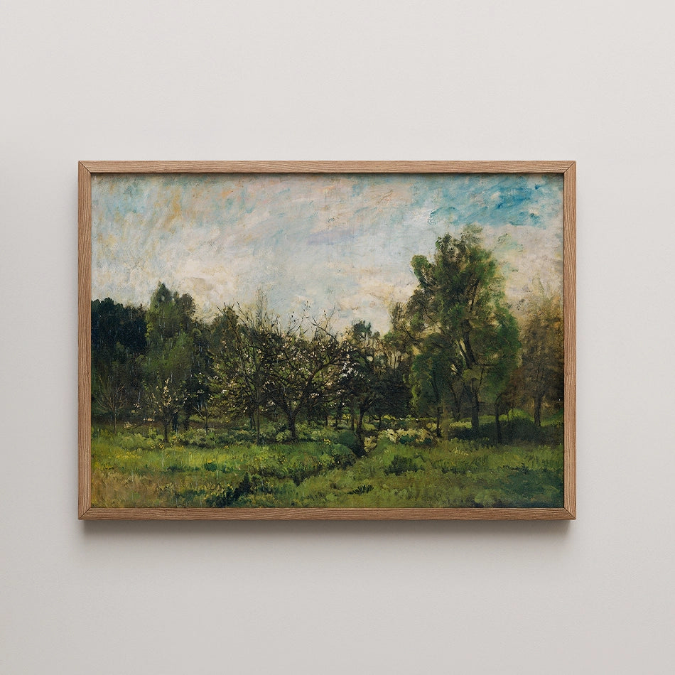 Framed painting of a lush green landscape with trees and a partly cloudy sky.