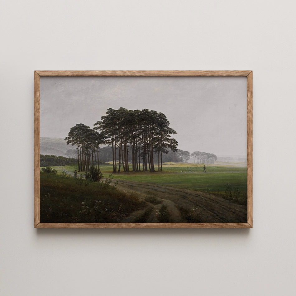 Framed landscape painting of a serene field with tall trees under a cloudy sky