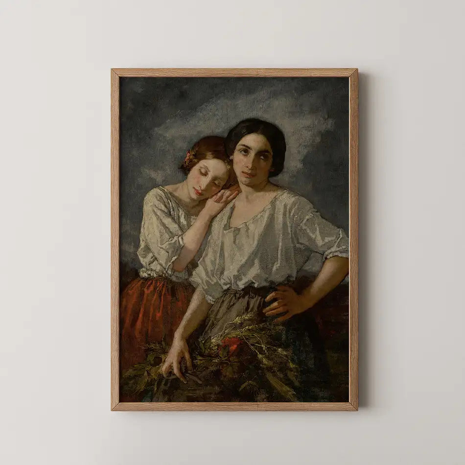Painting of two women standing close together, one resting her head on the other's shoulder, framed in natural wood.