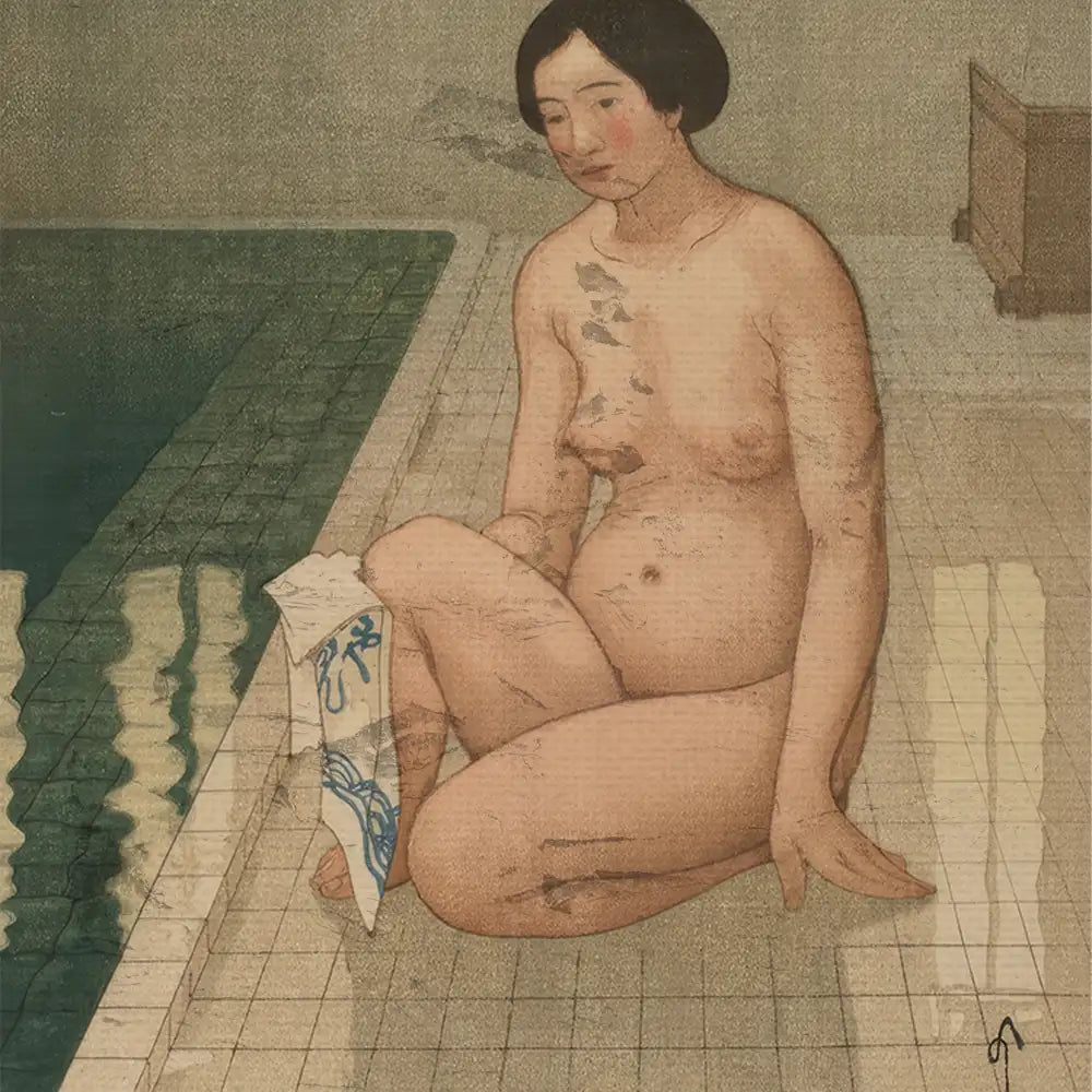 A seated nude woman in a contemplative pose near a swimming pool, with soft colors and textured details in the artwork.