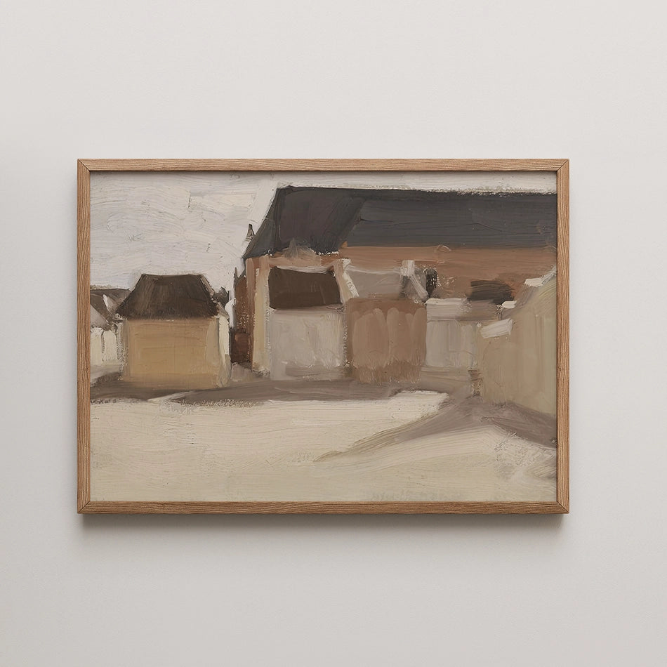 A framed painting depicting a serene landscape with buildings and a subdued color palette of browns and grays.