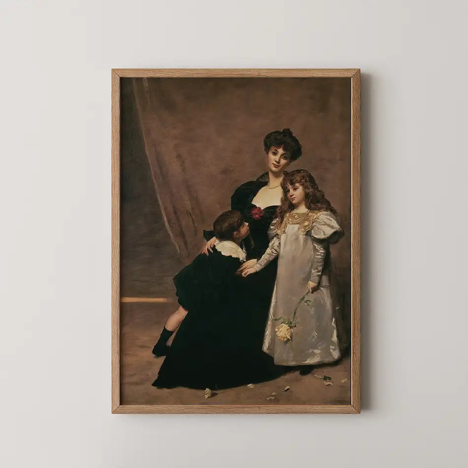 Framed painting of a mother with two children, one boy and one girl, on a neutral background.