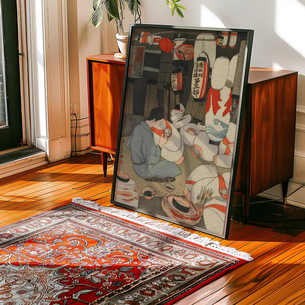 Framed painting depicting a traditional Japanese scene with figures surrounded by lanterns, placed in a sunlit room with wooden flooring and a decorative rug.