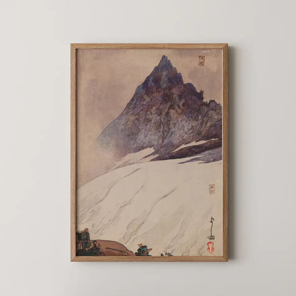 Framed painting of a mountain landscape with a snow-covered foreground and figures at the base, featuring a soft color palette.