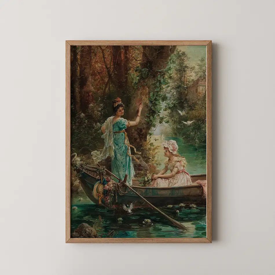 Vintage painting of two women in a boat surrounded by lush greenery and water lilies, framed in natural wood.