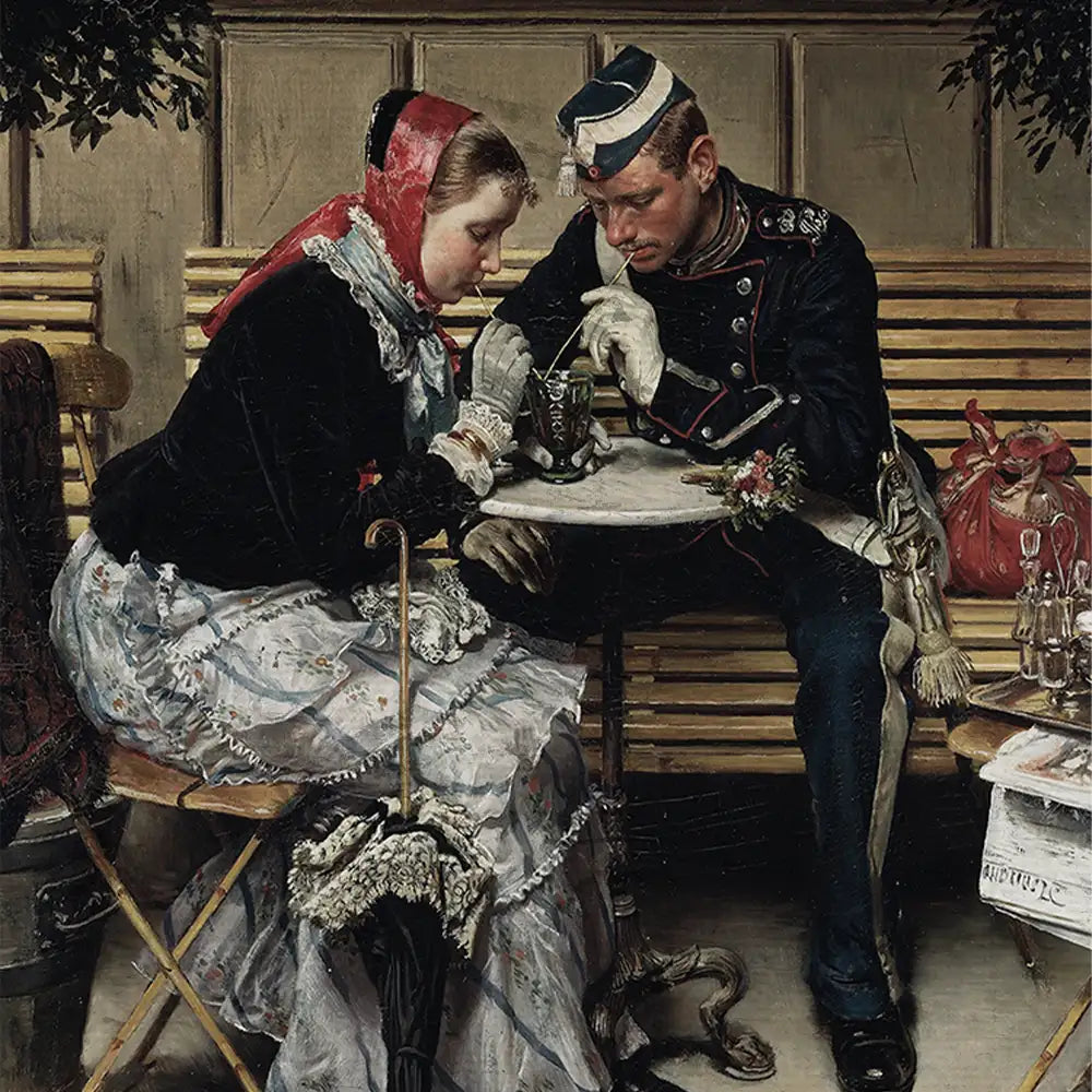 A historical painting depicting a man in military uniform and a woman in traditional attire sharing an intimate moment at a small table, surrounded by a serene café setting.