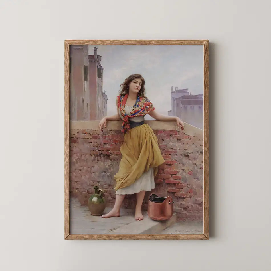 Vintage woman standing against a brick wall in a picturesque setting, wearing a colorful scarf and a flowing yellow skirt, with pottery at her feet, framed artwork.