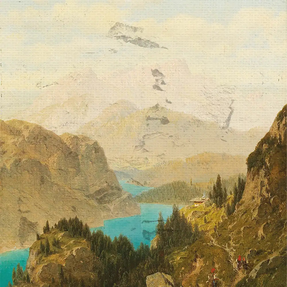 Landscape painting featuring a mountainous scene with a river, lush greenery, and a distant cabin, under a light blue sky.