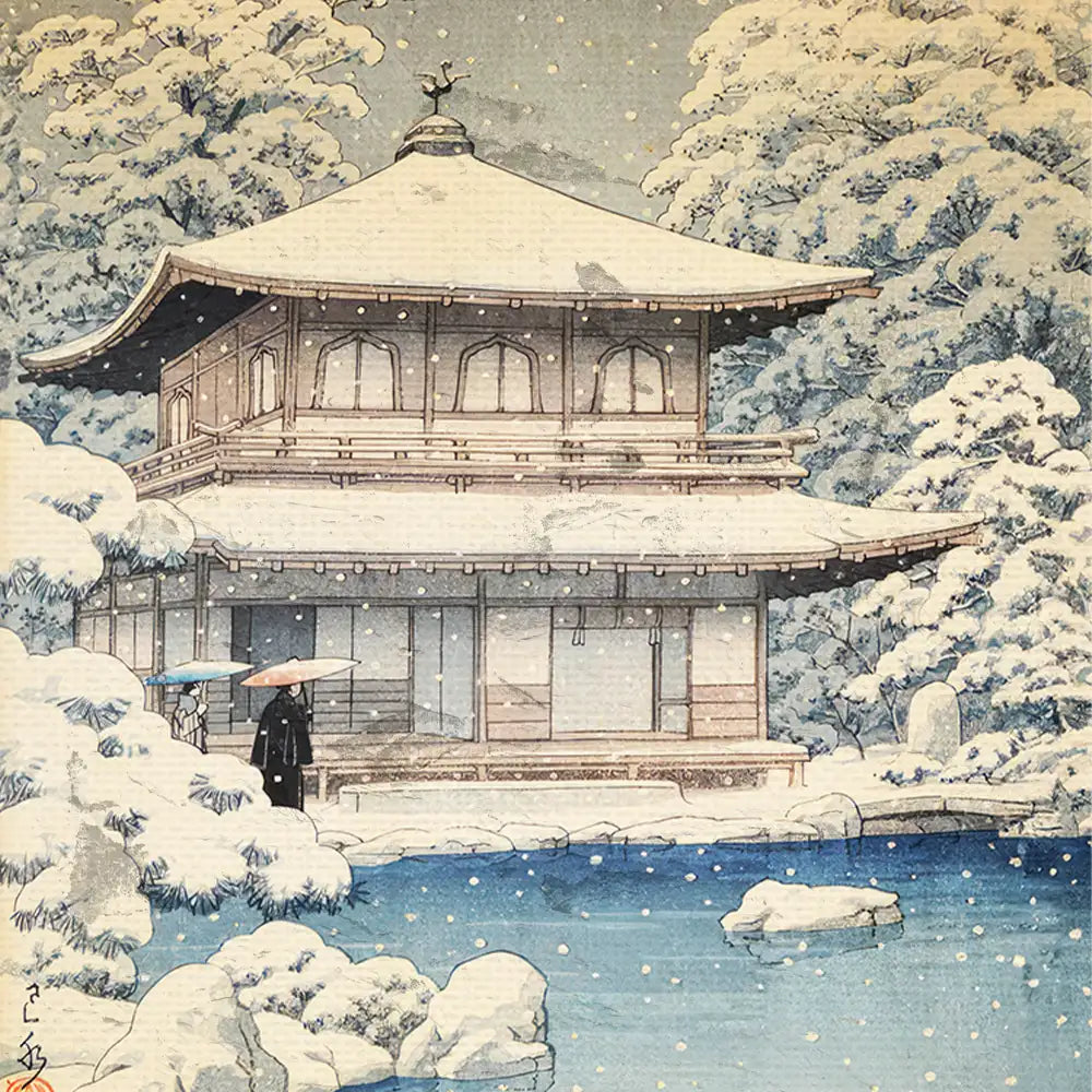 A serene winter scene painting featuring a traditional Japanese house surrounded by snow-covered trees and a tranquil pond, with two figures holding umbrellas.