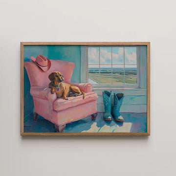 Charming western-themed art print featuring a relaxed dog on a pink chair, cowboy hat and blue boots, bathed in natural light by a window, evoking a cozy Americana atmosphere."