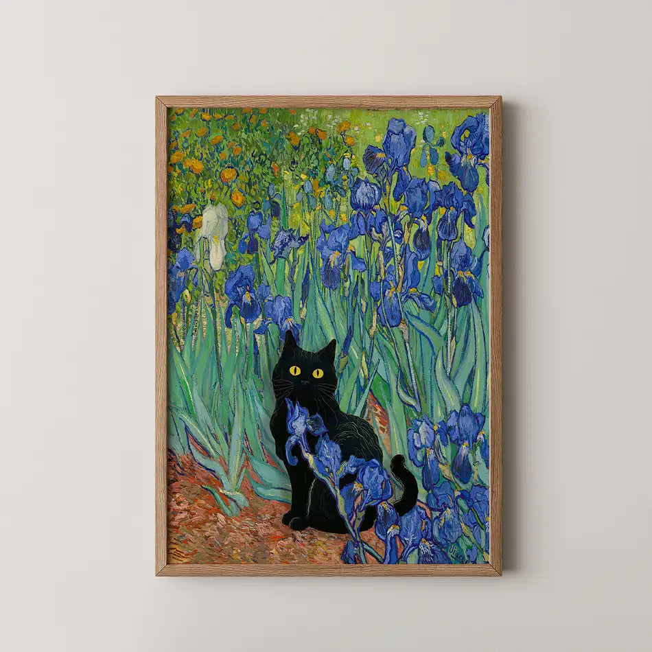 Black cat among vibrant blue irises, framed painting on a light wall.