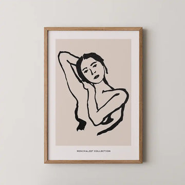 Minimalist Repose art print featuring a graceful figure in a relaxed pose illustrated with bold black lines on a soft taupe background, part of a Modern Art Collection, perfect for contemporary home decor."