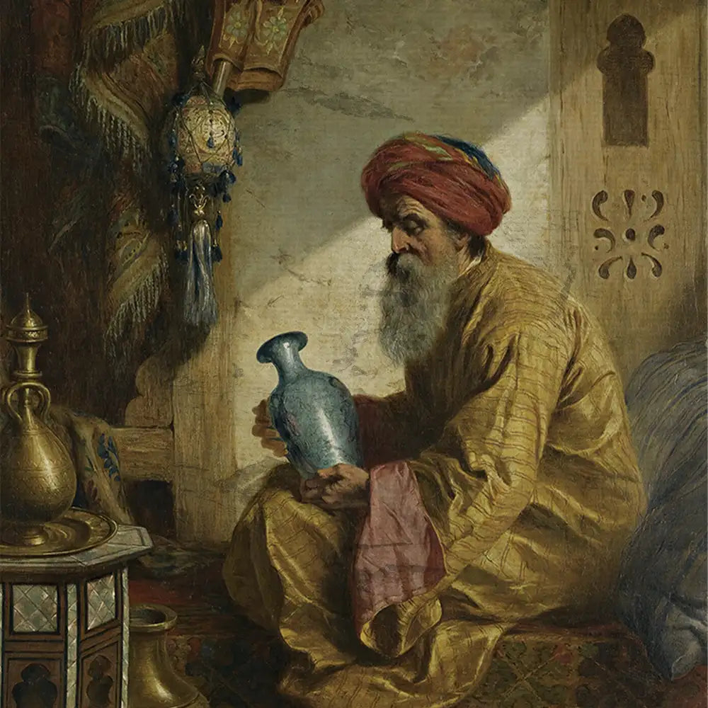 A man in traditional attire holding a blue pottery vase, seated in an elaborately decorated room with various artifacts and textiles.