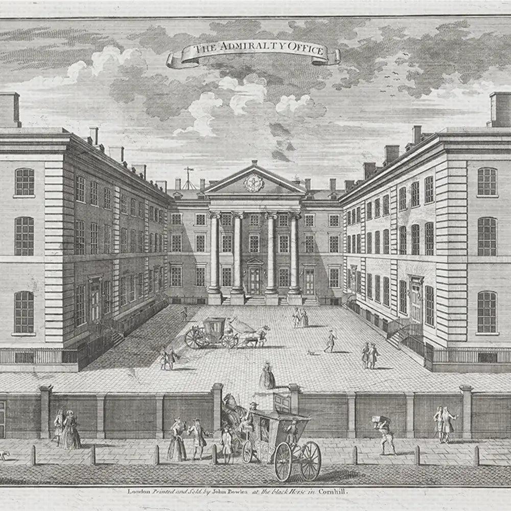 Illustration of the Admiralty Office featuring a grand building with columns, surrounded by a courtyard and people in historical attire, available as a painting or poster.