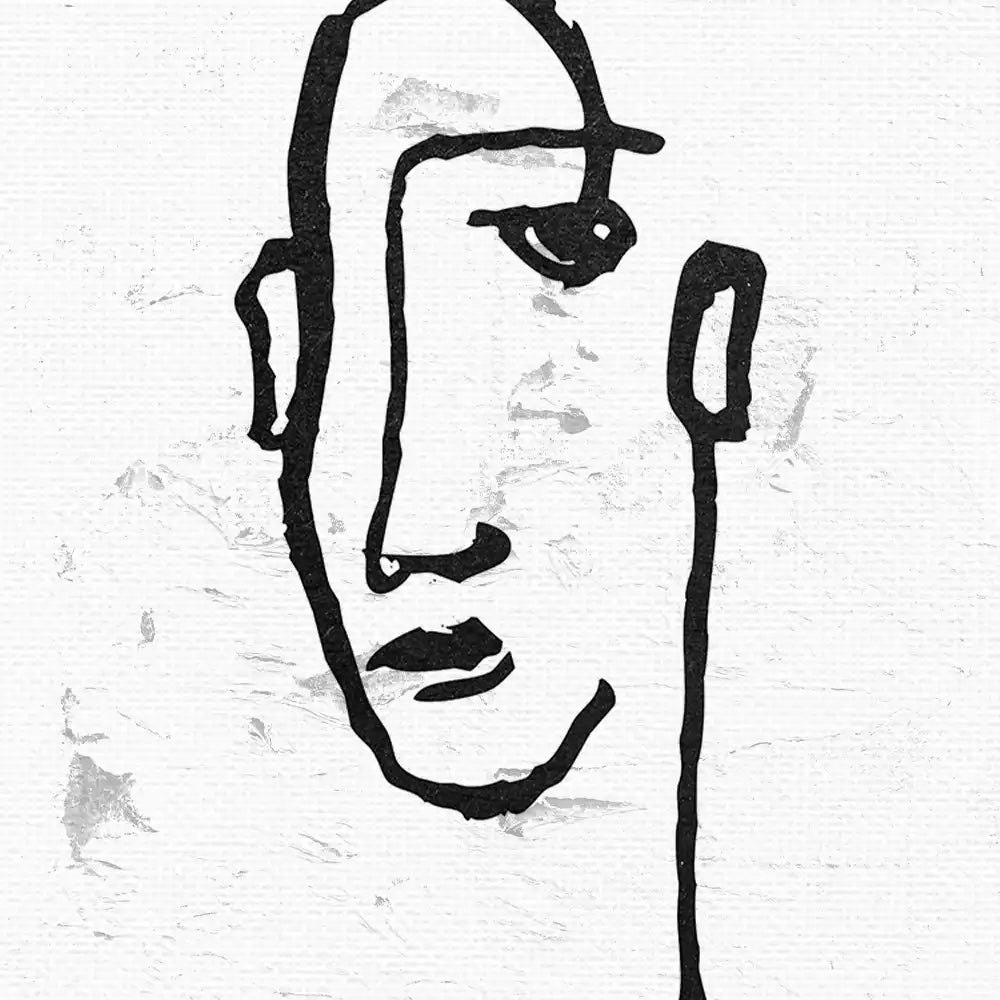 Modern minimalist poster featuring a black line drawing of a face on a textured white background, perfect for contemporary art lovers.
