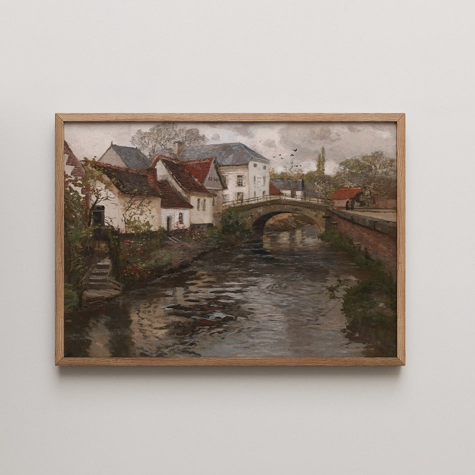 Painting of a picturesque riverscape featuring quaint houses, a stone bridge, and lush greenery in a serene setting.