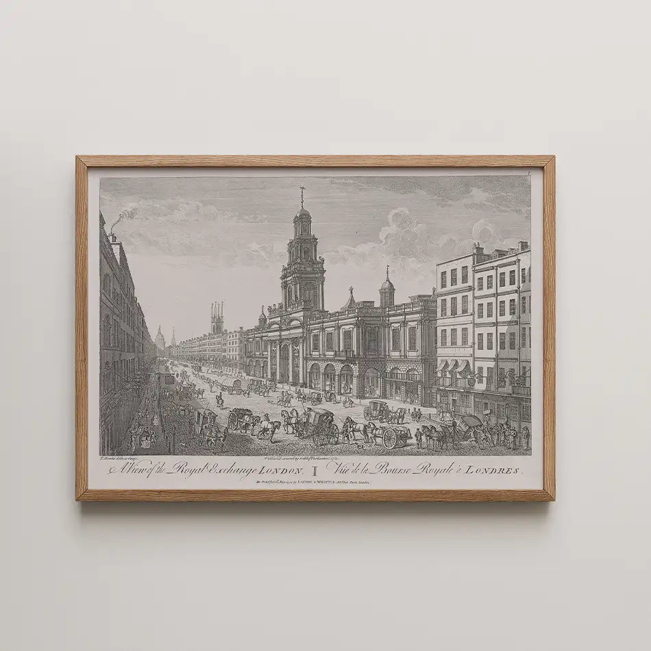 Framed vintage print of the Royal Exchange in London, featuring horse-drawn carriages and historical architecture.