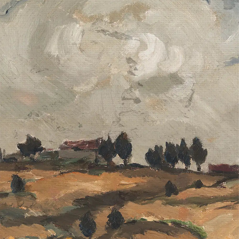 Landscape painting featuring rolling hills, dark trees, and a cloudy sky in muted colors.