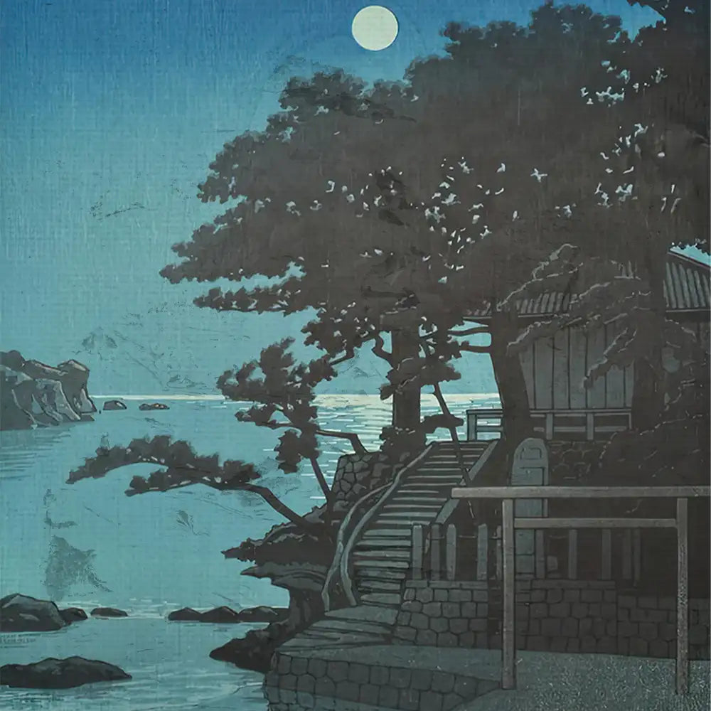 Moonlit landscape painting featuring a house by the water surrounded by trees and rocks.