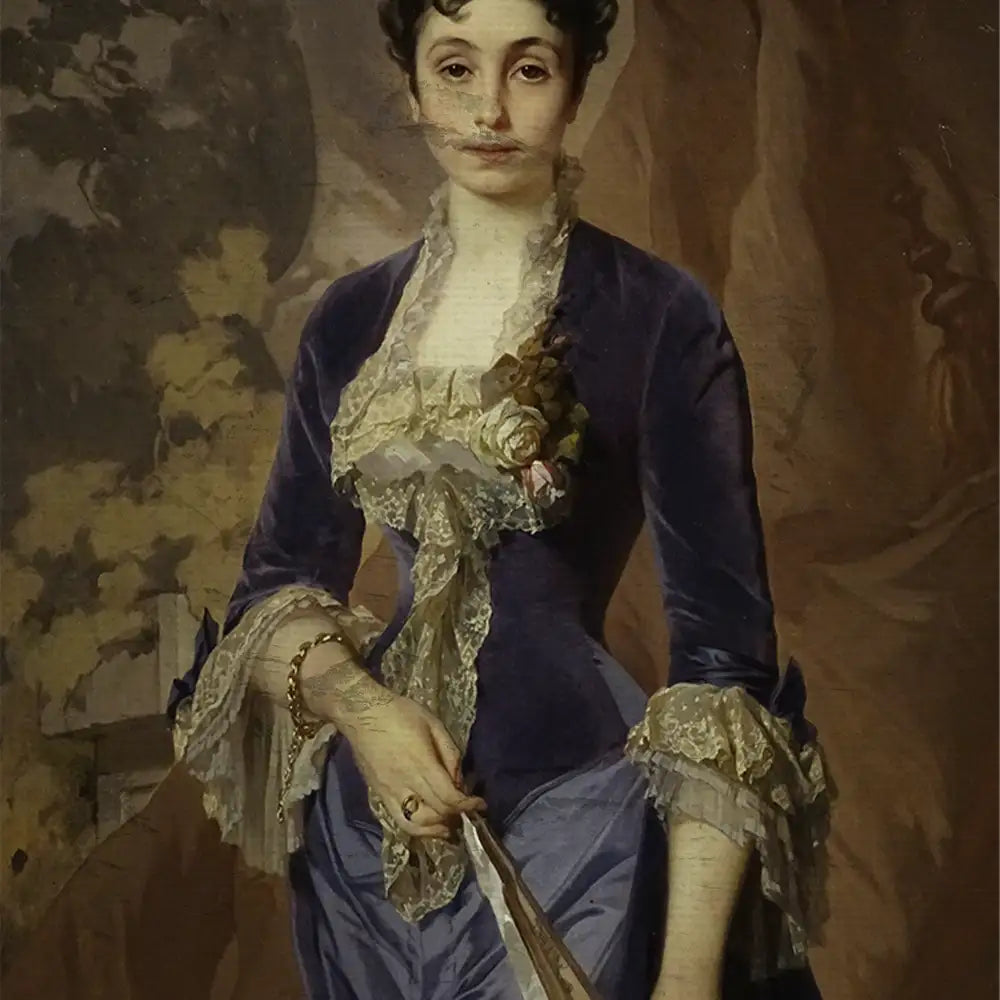 Portrait of a woman in a violet dress holding a parasol, set against a muted background.