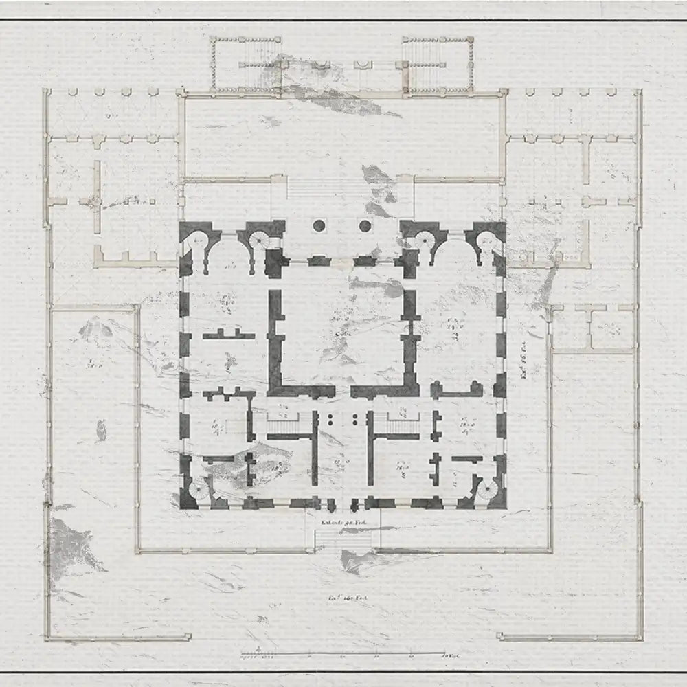 Blueprint-style architectural drawing of a historic building layout with intricate details in black and beige tones.