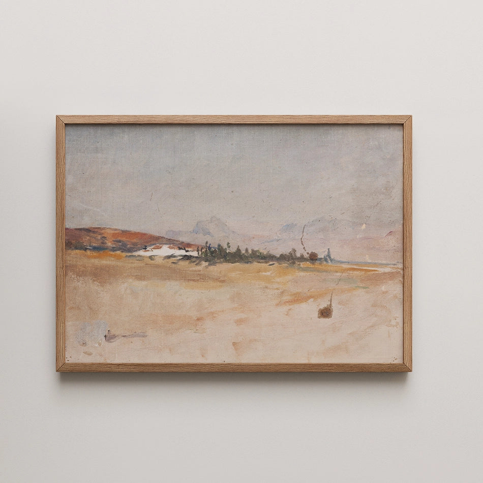 Framed painting of a serene landscape with light colors, featuring rolling hills and a gentle sky.