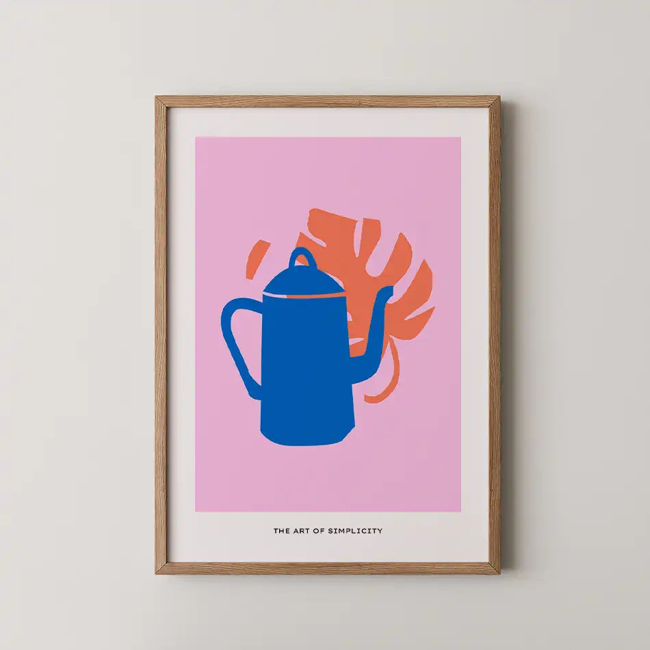 Modern art print featuring a blue kettle and a vibrant orange tropical leaf on a soft pink background, showcasing minimalist design elements from the Abstract Collection."