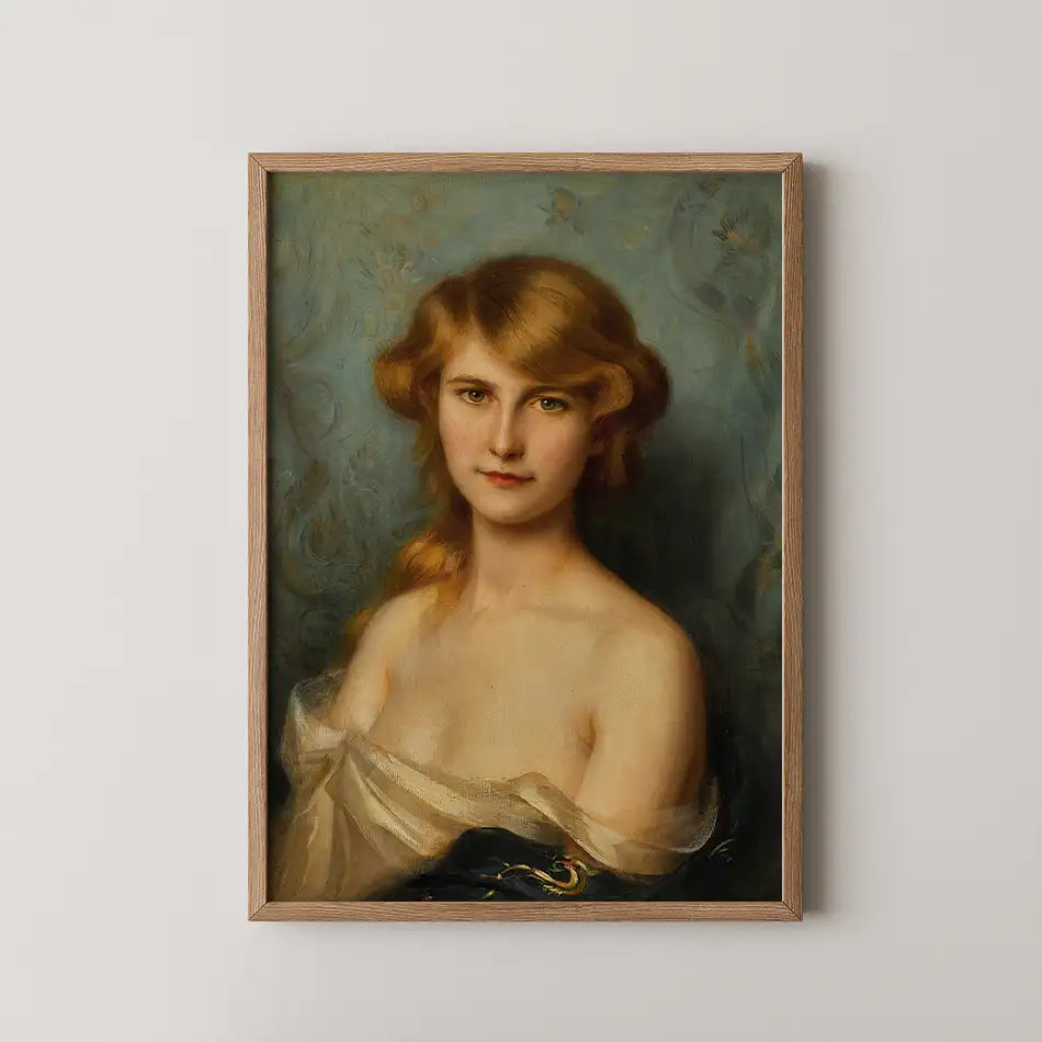 Portrait of a woman with golden hair, wearing a flowing white garment, framed in a wooden frame with a soft blue background.