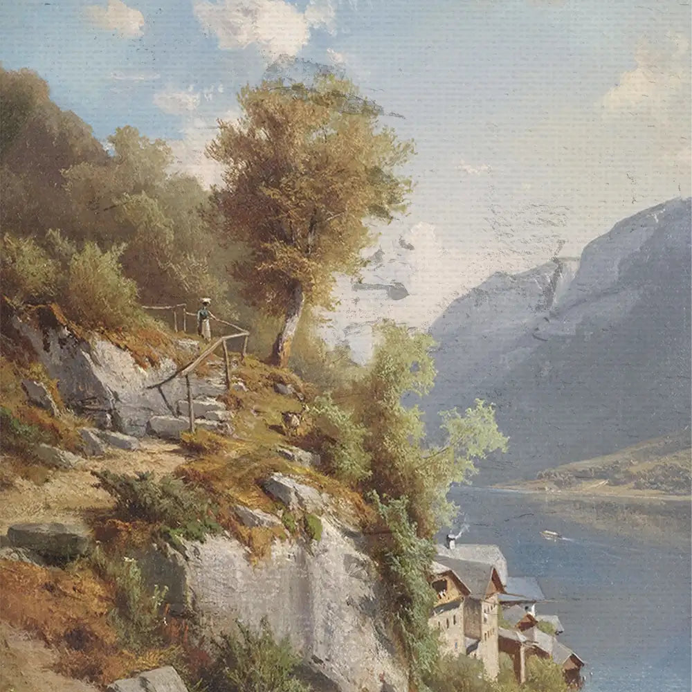 Landscape painting of a scenic view featuring a person standing on a rocky path by a river, surrounded by trees and mountains in the background.