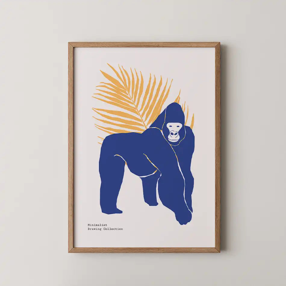 Bold minimalist gorilla art print featuring a stylized blue gorilla against a white background with a golden orange palm leaf, perfect for modern home decor"