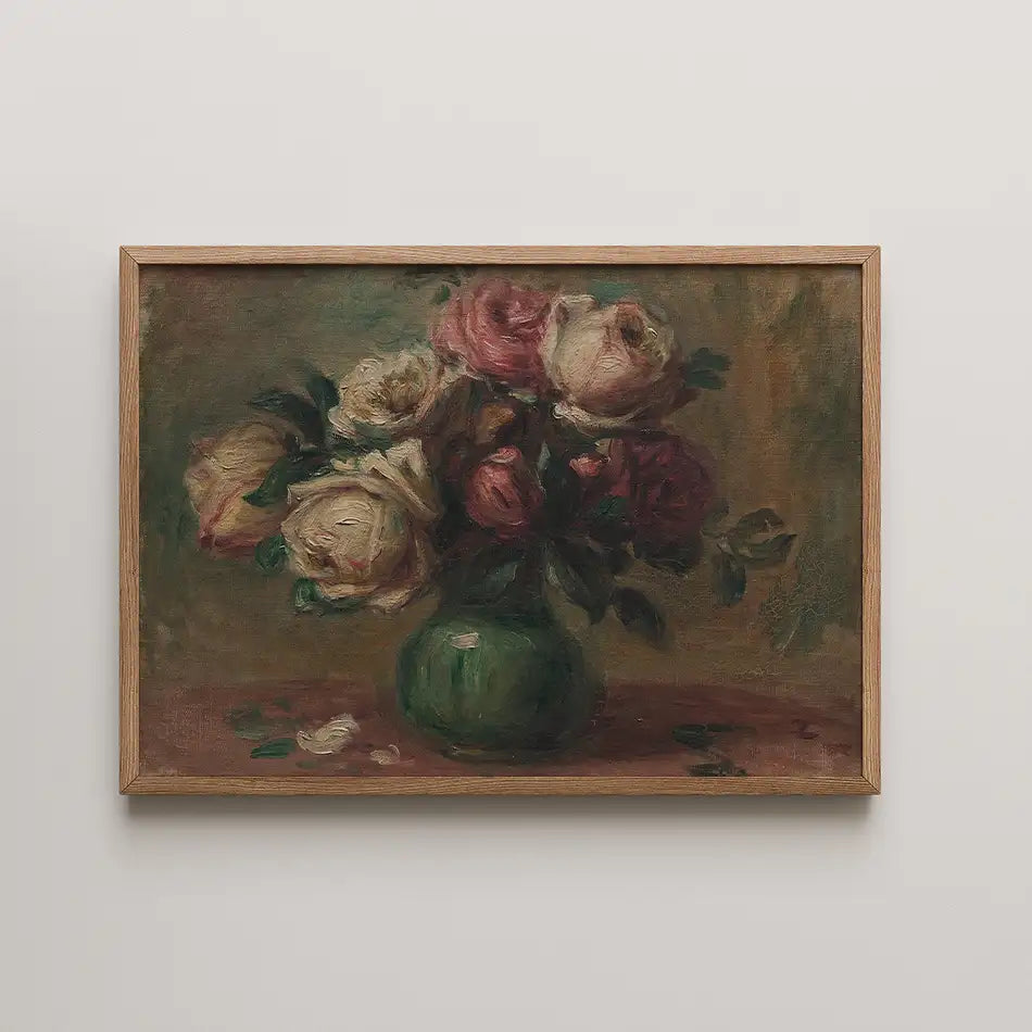 Painting of a vase with pink and white roses on a muted background, framed in a wooden frame.
