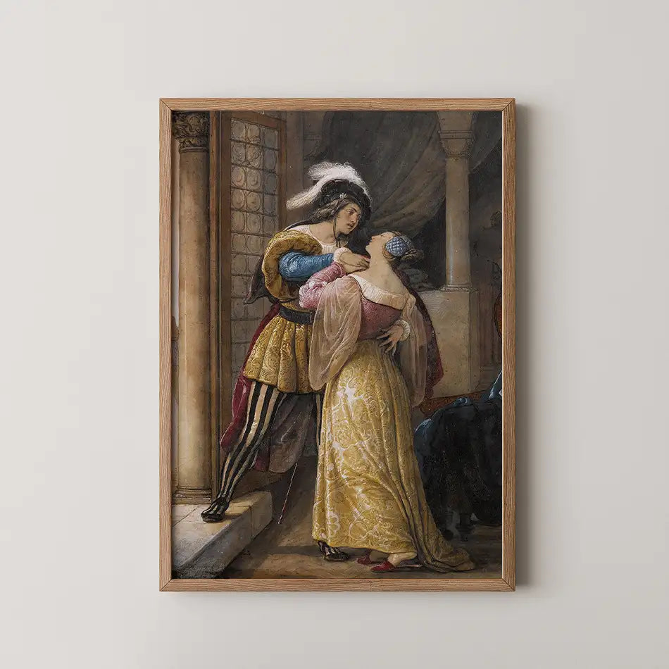 Romantic historical painting of a couple embracing, framed in wood, featuring a woman in a flowing yellow dress and a man in colorful attire with stripes.
